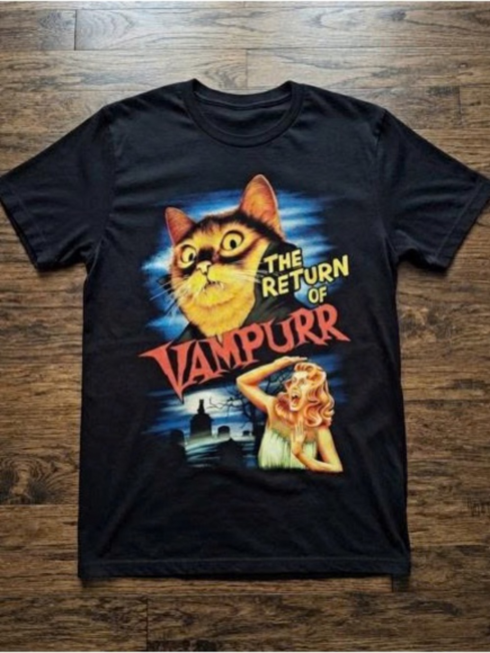 'The Return of Vampurr' Cat Tee with Yellow & Red Print
